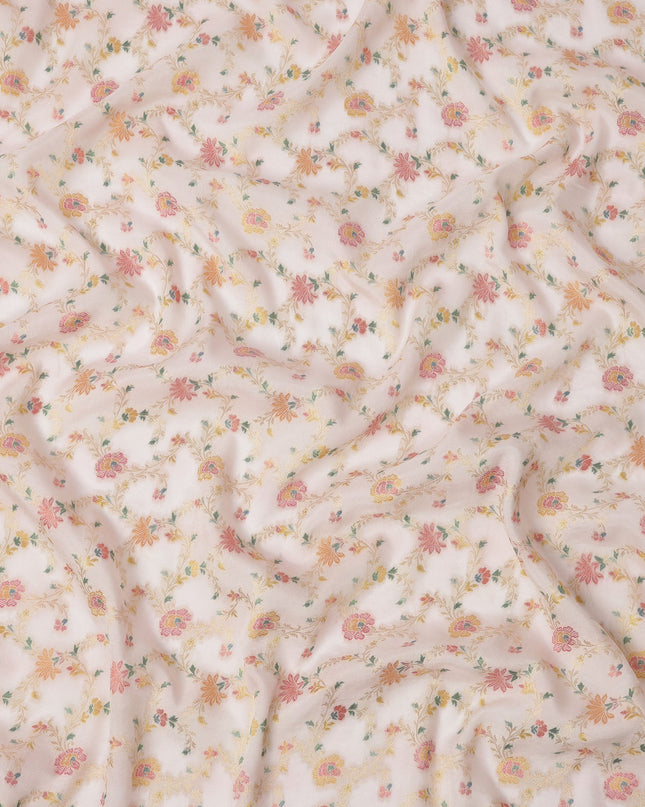 Light Pink Multicolor Floral Design Viscose Fabric with Metallic Detailing, 110 Cms Width, India-D24798
