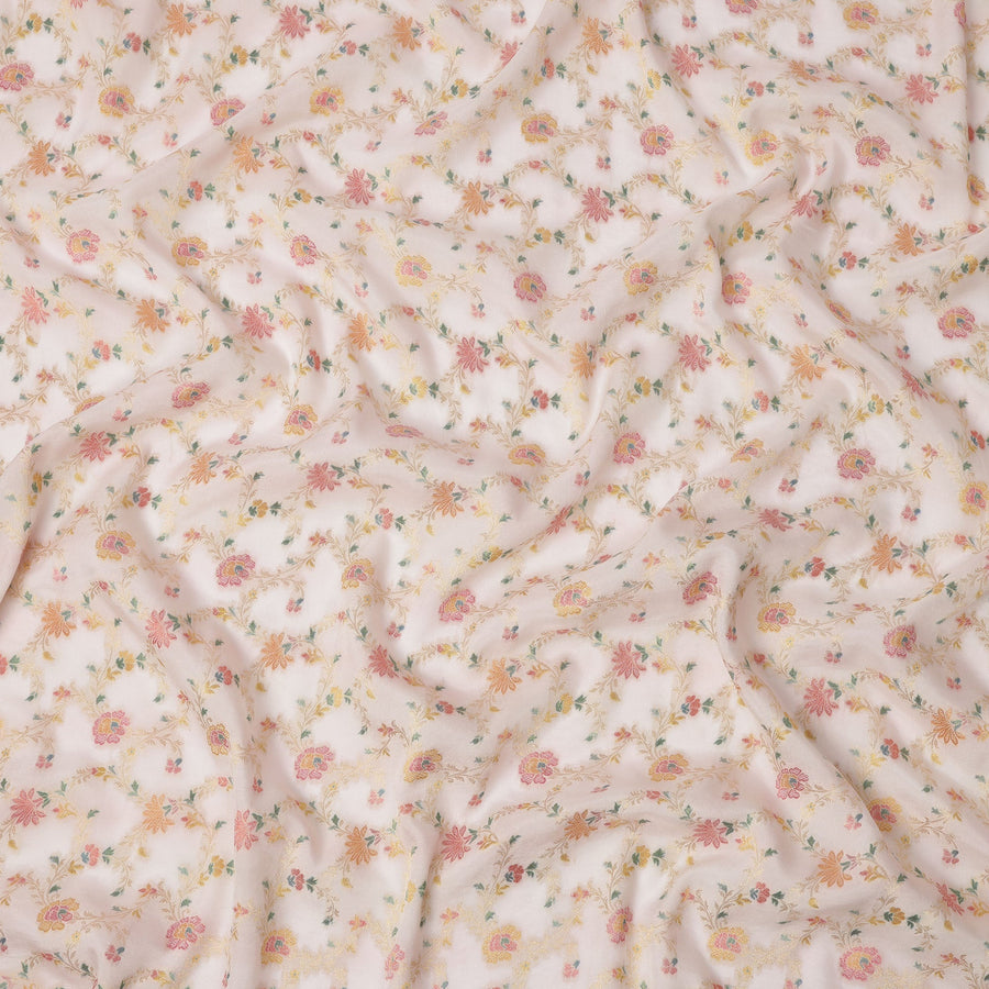 Light Pink Multicolor Floral Design Viscose Fabric with Metallic Detailing, 110 Cms Width, India-D24798