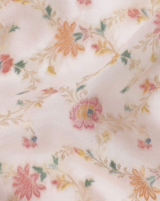 Light Pink Multicolor Floral Design Viscose Fabric with Metallic Detailing, 110 Cms Width, India-D24798
