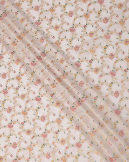 Light Pink Multicolor Floral Design Viscose Fabric with Metallic Detailing, 110 Cms Width, India-D24798