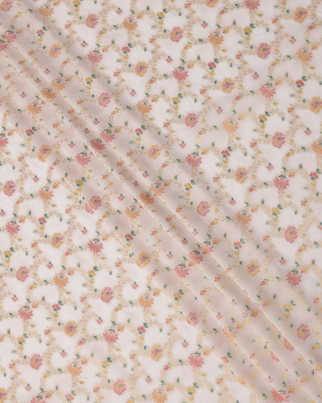 Light Pink Multicolor Floral Design Viscose Fabric with Metallic Detailing, 110 Cms Width, India-D24798