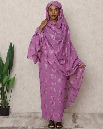 ثوب سوداني تقليدي بنفسجي أرجواني مطرز بنقشة أوراق شجر، قطعة بطول 4.5 متر، مصنوع من قماش فوال قطني خالص، عرض 140 سم، صنع في الهند - D24476