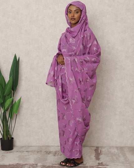 ثوب سوداني تقليدي بنفسجي أرجواني مطرز بنقشة أوراق شجر، قطعة بطول 4.5 متر، مصنوع من قماش فوال قطني خالص، عرض 140 سم، صنع في الهند - D24476