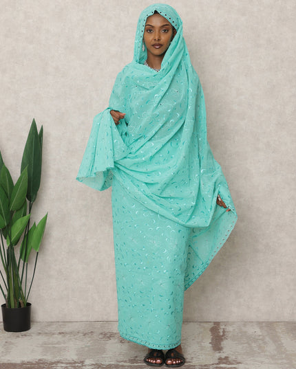 ثوب سوداني تقليدي أخضر بحري مع قماش تطريز فوال قطني نقي بطول 4.5 متر، عرض 140 سم، صنع في الهند - D24478