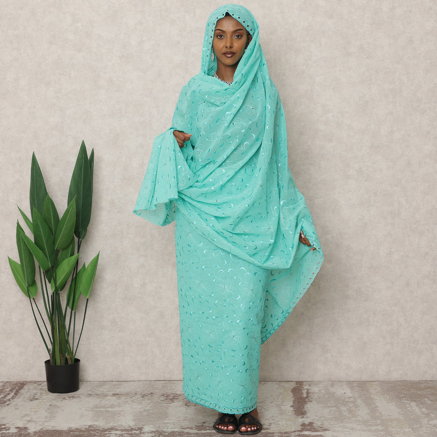 ثوب سوداني تقليدي أخضر بحري مع قماش تطريز فوال قطني نقي بطول 4.5 متر، عرض 140 سم، صنع في الهند - D24478