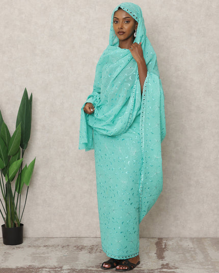 ثوب سوداني تقليدي أخضر بحري مع قماش تطريز فوال قطني نقي بطول 4.5 متر، عرض 140 سم، صنع في الهند - D24478