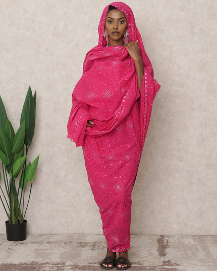 ثوب راني الوردي التقليدي السوداني مع تطريز زهور الفوال المتناغمة، قطعة 4.5 متر، قماش قطني خالص، عرض 140 سم، صنع في الهند - D24464