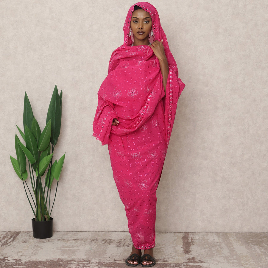 ثوب راني الوردي التقليدي السوداني مع تطريز زهور الفوال المتناغمة، قطعة 4.5 متر، قماش قطني خالص، عرض 140 سم، صنع في الهند - D24464