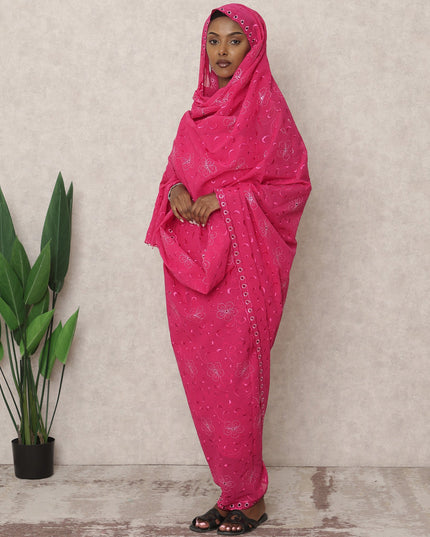 ثوب راني الوردي التقليدي السوداني مع تطريز زهور الفوال المتناغمة، قطعة 4.5 متر، قماش قطني خالص، عرض 140 سم، صنع في الهند - D24464