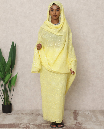 ثوب سوداني تقليدي أصفر ليموني مطرز بالكامل بالفوال، قطعة بطول 4.5 متر، مصنوع من قماش قطني خالص، عرض 140 سم، صنع في الهند - D24475