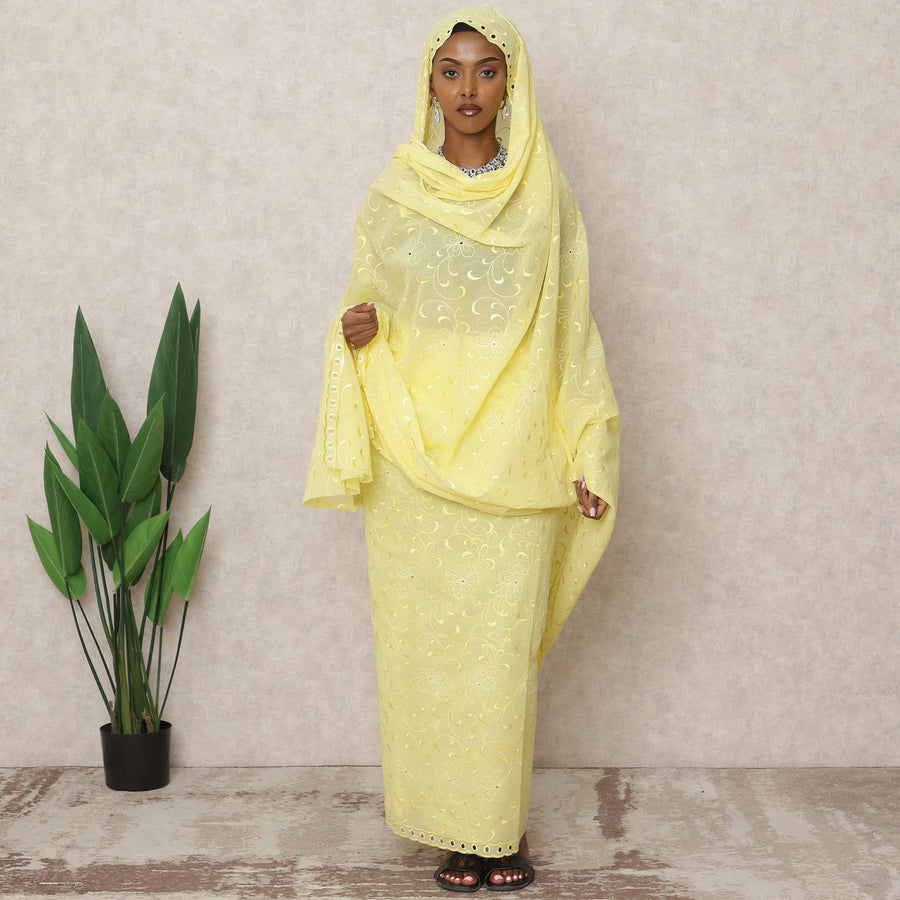 ثوب سوداني تقليدي أصفر ليموني مطرز بالكامل بالفوال، قطعة بطول 4.5 متر، مصنوع من قماش قطني خالص، عرض 140 سم، صنع في الهند - D24475