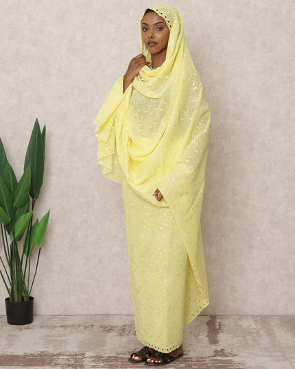 ثوب سوداني تقليدي أصفر ليموني مطرز بالكامل بالفوال، قطعة بطول 4.5 متر، مصنوع من قماش قطني خالص، عرض 140 سم، صنع في الهند - D24475