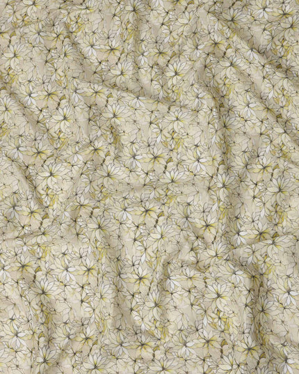 Cream Beige Abstract Floral Printed Cotton Lawn Fabric All Over Line Art Flower Design Soft Dressmaking Material 4.0 Meters Length 110 Cms Width India-D27657