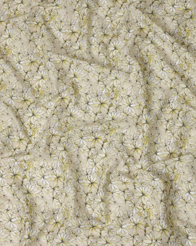 Cream Beige Abstract Floral Printed Cotton Lawn Fabric All Over Line Art Flower Design Soft Dressmaking Material 4.0 Meters Length 110 Cms Width India-D27657