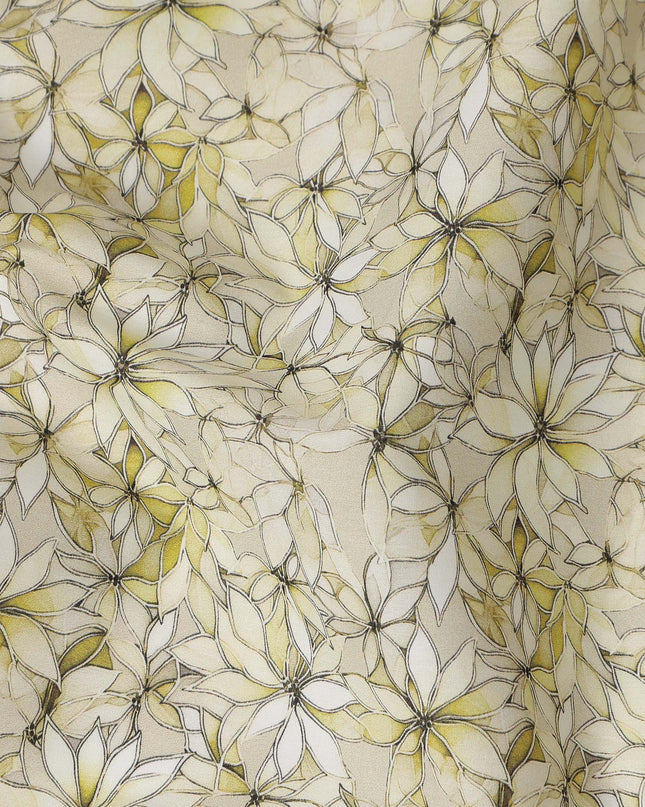 Cream Beige Abstract Floral Printed Cotton Lawn Fabric All Over Line Art Flower Design Soft Dressmaking Material 4.0 Meters Length 110 Cms Width India-D27657