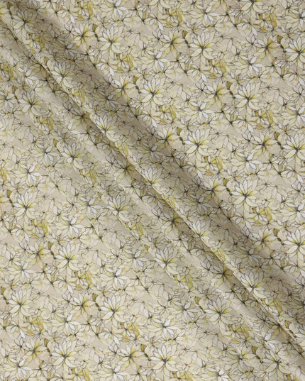 Cream Beige Abstract Floral Printed Cotton Lawn Fabric All Over Line Art Flower Design Soft Dressmaking Material 4.0 Meters Length 110 Cms Width India-D27657