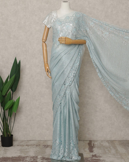 Ice Blue Premium French Metallic Chantilly Lace Saree with Stone Work, Width 110 Cms, 5.5 Mtrs, France-D25591