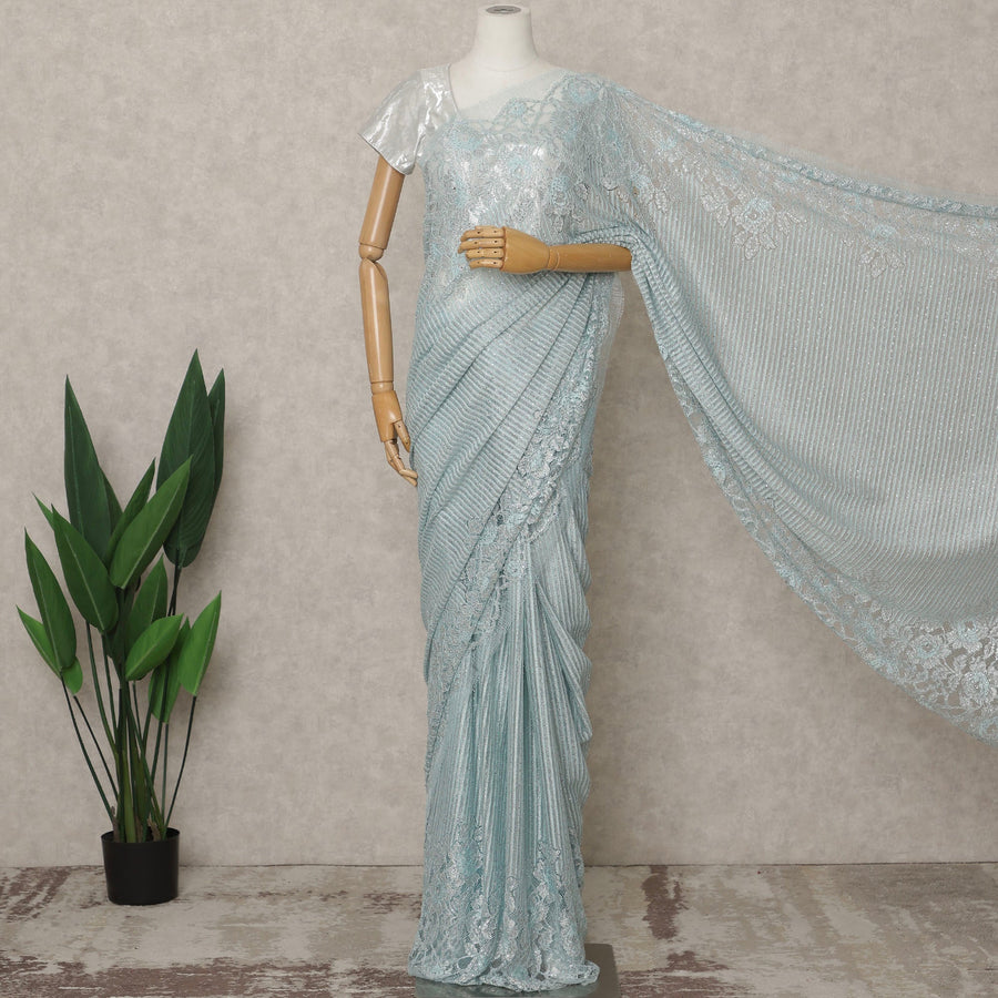 Ice Blue Premium French Metallic Chantilly Lace Saree with Stone Work, Width 110 Cms, 5.5 Mtrs, France-D25591