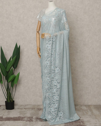 Ice Blue Premium French Metallic Chantilly Lace Saree with Stone Work, Width 110 Cms, 5.5 Mtrs, France-D25591