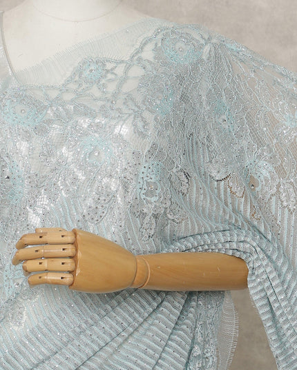 Ice Blue Premium French Metallic Chantilly Lace Saree with Stone Work, Width 110 Cms, 5.5 Mtrs, France-D25591