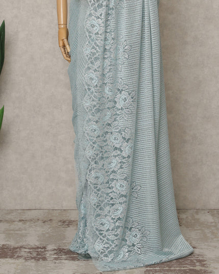 Ice Blue Premium French Metallic Chantilly Lace Saree with Stone Work, Width 110 Cms, 5.5 Mtrs, France-D25591