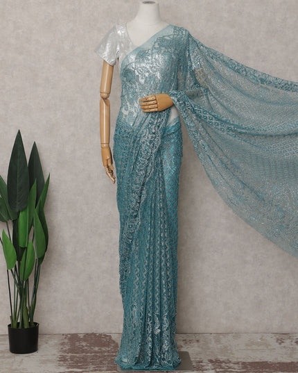 Turquoise Teal French Chantilly Lace Saree