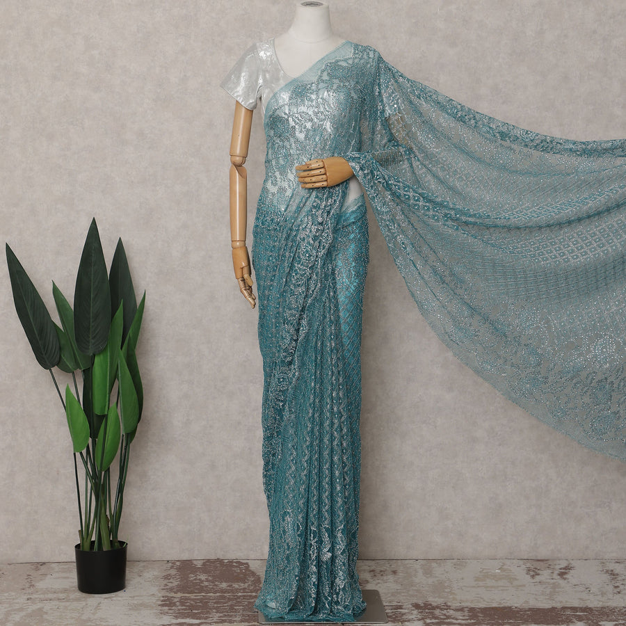 Turquoise Teal French Chantilly Lace Saree