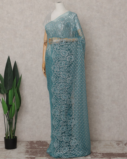 Turquoise Teal French Chantilly Lace Saree