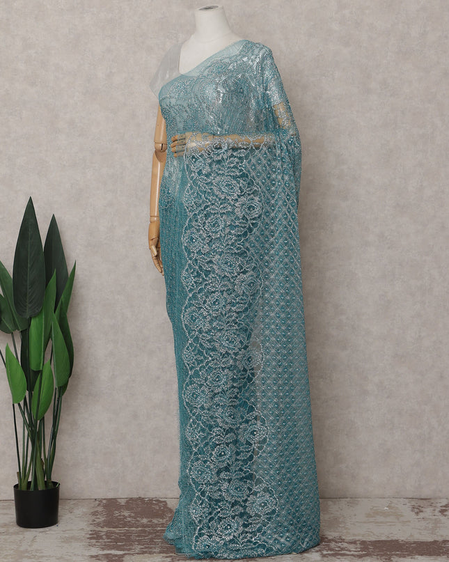 Turquoise Teal French Chantilly Lace Saree
