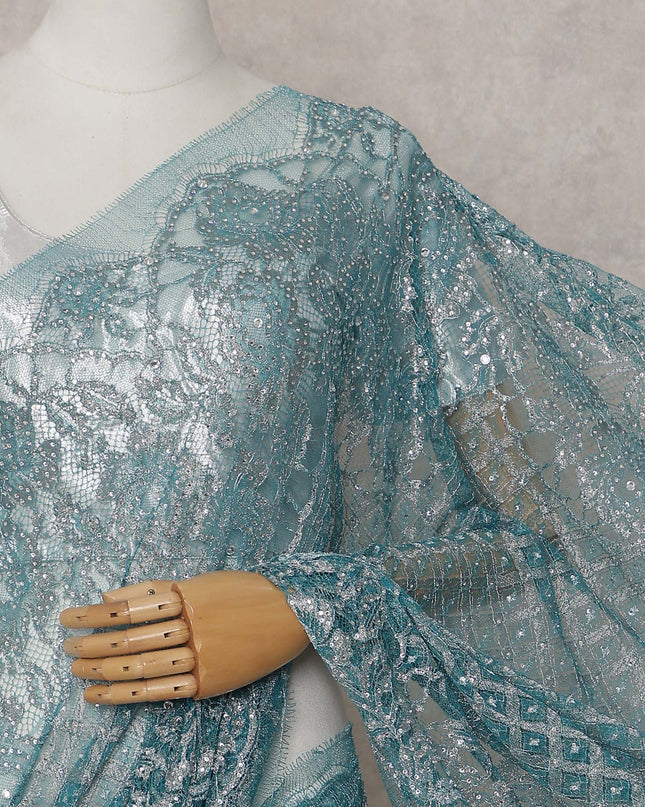 Turquoise Teal French Chantilly Lace Saree