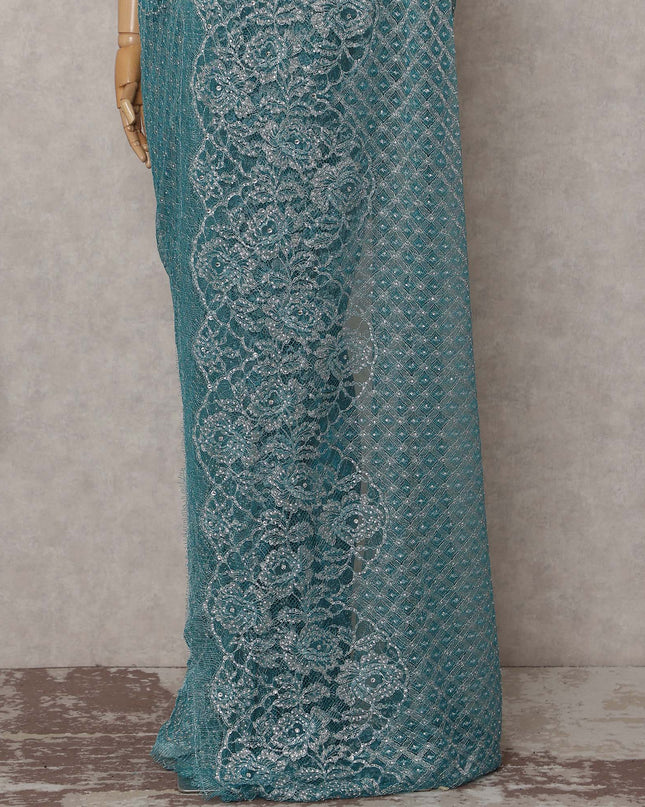 Turquoise Teal French Chantilly Lace Saree