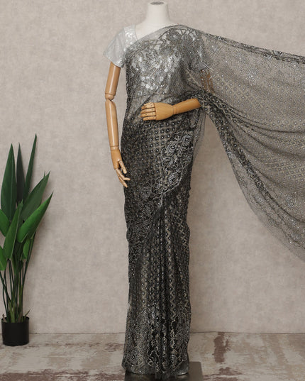Antique Black Premium French Metallic Chantilly Lace Saree with Stone Work, Width 110 Cms, 5.5 Mtrs, France-D25577