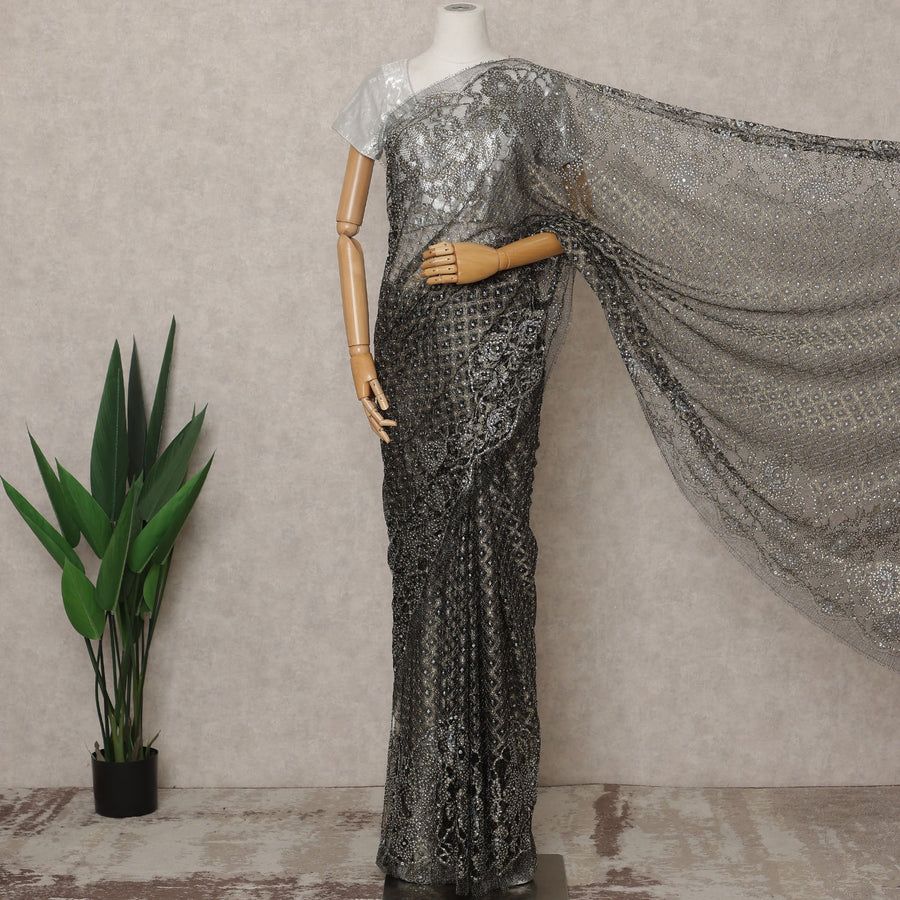 Antique Black Premium French Metallic Chantilly Lace Saree with Stone Work, Width 110 Cms, 5.5 Mtrs, France-D25577