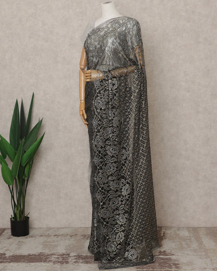 Antique Black Premium French Metallic Chantilly Lace Saree with Stone Work, Width 110 Cms, 5.5 Mtrs, France-D25577