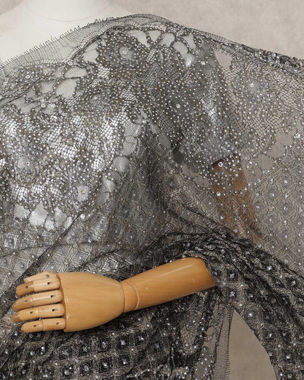 Antique Black Premium French Metallic Chantilly Lace Saree with Stone Work, Width 110 Cms, 5.5 Mtrs, France-D25577