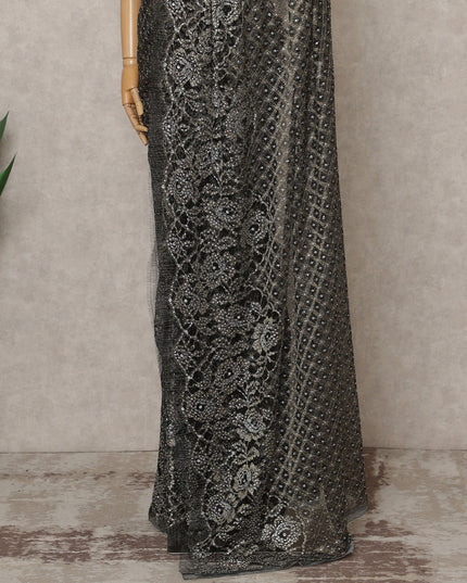 Antique Black Premium French Metallic Chantilly Lace Saree with Stone Work, Width 110 Cms, 5.5 Mtrs, France-D25577