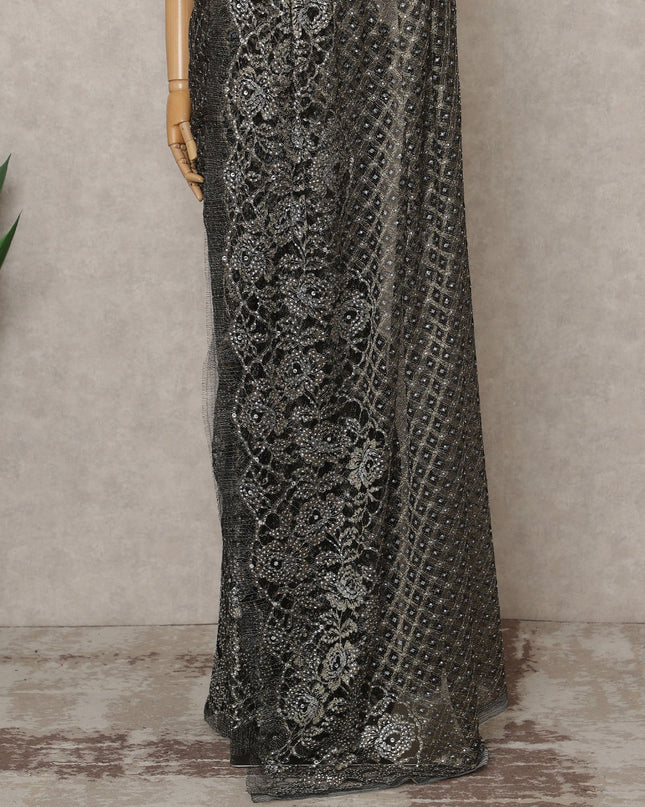 Antique Black Premium French Metallic Chantilly Lace Saree with Stone Work, Width 110 Cms, 5.5 Mtrs, France-D25577