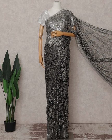 French Chantilly Lace Saree - Gunmetal Silver Stone