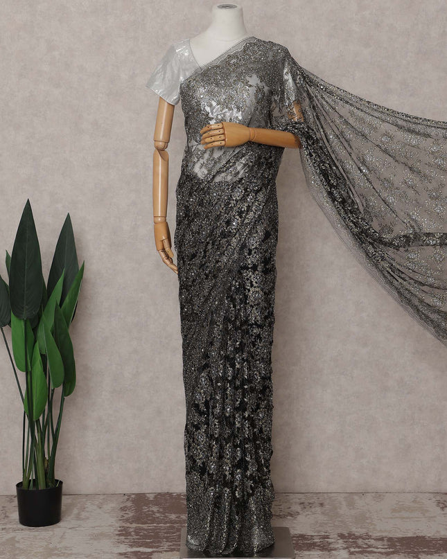 French Chantilly Lace Saree - Gunmetal Silver Stone