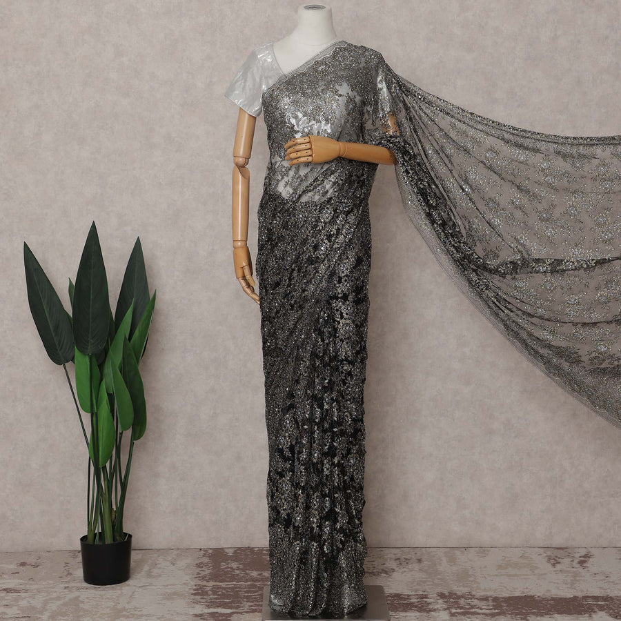French Chantilly Lace Saree - Gunmetal Silver Stone