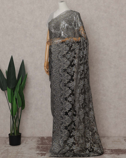 French Chantilly Lace Saree - Gunmetal Silver Stone