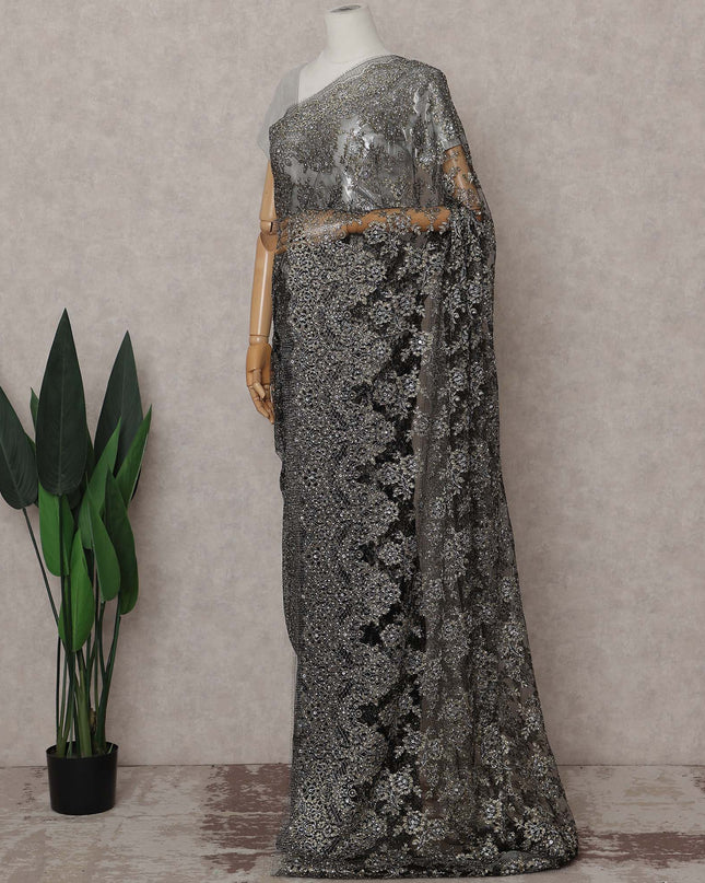 French Chantilly Lace Saree - Gunmetal Silver Stone