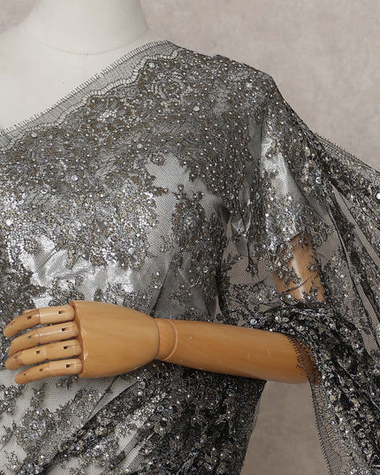 French Chantilly Lace Saree - Gunmetal Silver Stone