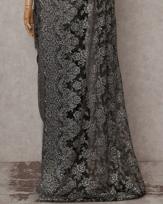 French Chantilly Lace Saree - Gunmetal Silver Stone