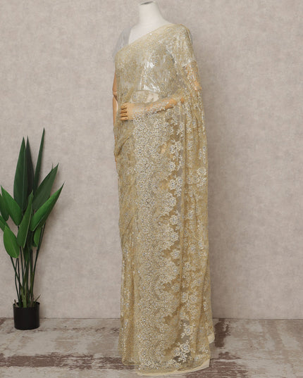 ساري فرنسي فاخر من الدانتيل الفرنسي المعدني بلون الشمبانيا الذهبي مع تطريز حجري، عرض 110 سم، 5.5 متر، فرنسا - D25570