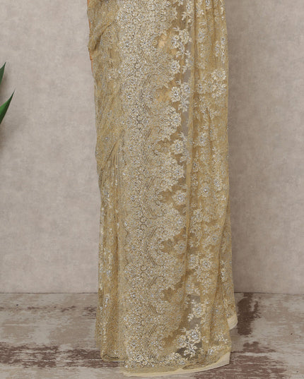 ساري فرنسي فاخر من الدانتيل الفرنسي المعدني بلون الشمبانيا الذهبي مع تطريز حجري، عرض 110 سم، 5.5 متر، فرنسا - D25570