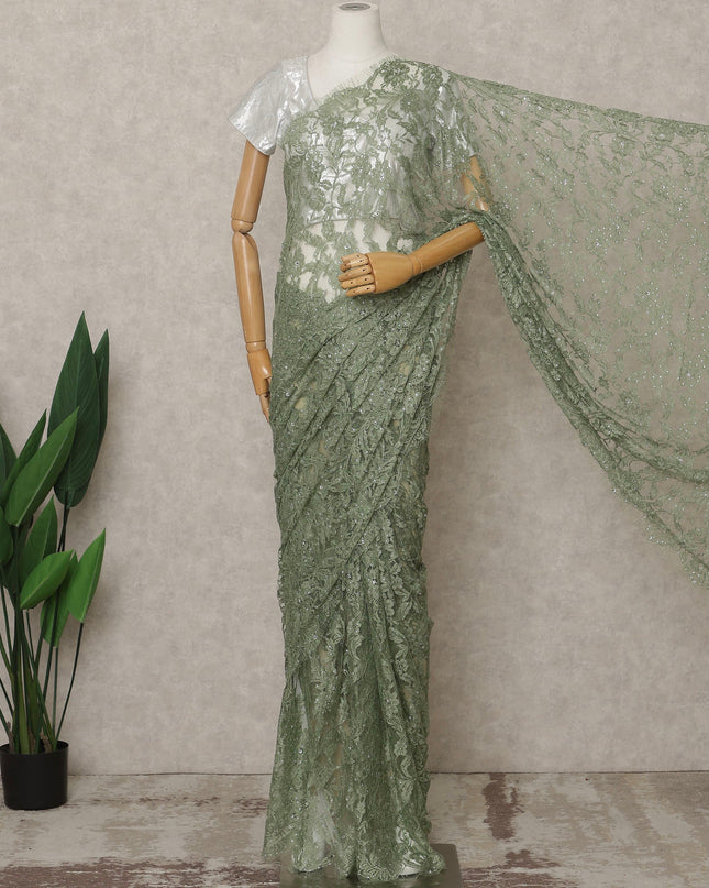 French Chantilly Lace Saree Piece - Eucalyptus Green