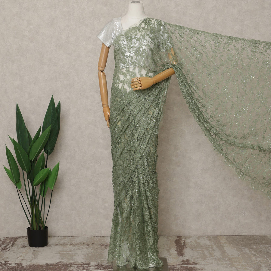 Sage Green Premium French 2Tone Chantilly Lace Saree with Stone Work, Width 110 Cms, 5.5 Mtrs, France-D25580
