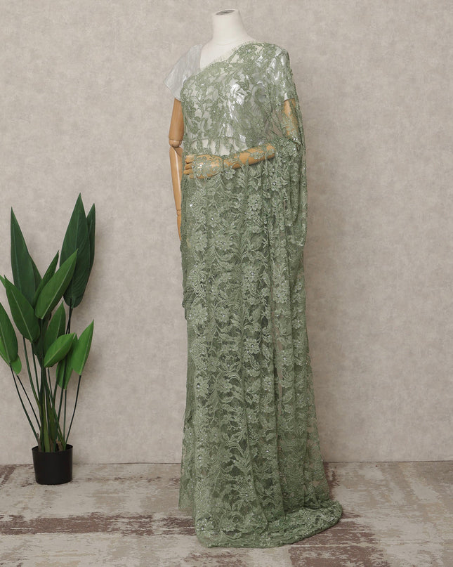 French Chantilly Lace Saree Piece - Eucalyptus Green