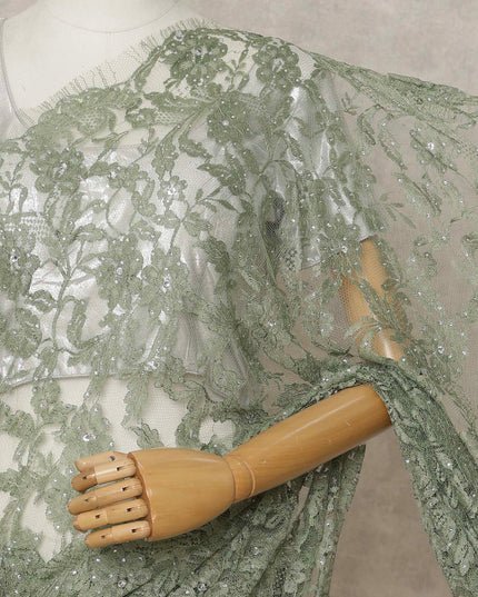 French Chantilly Lace Saree Piece - Eucalyptus Green